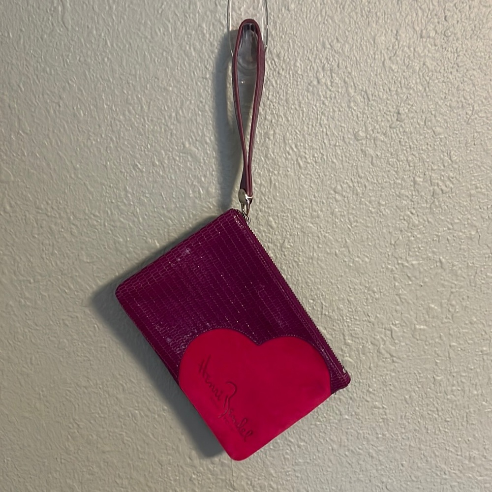 Henri Bendel Wristlet Purple leather with pink suede heart
